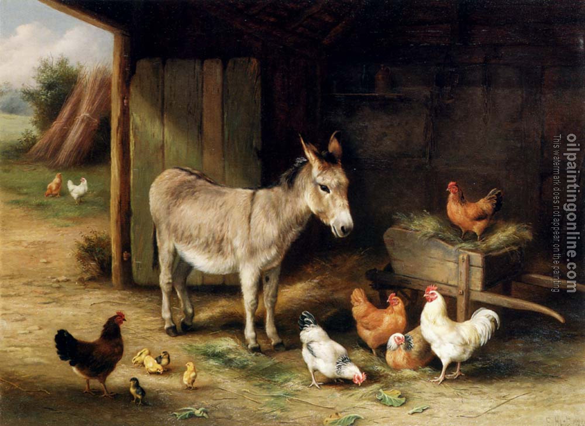 Edgar Hunt - Donkey Hens And Chickens In A Barn